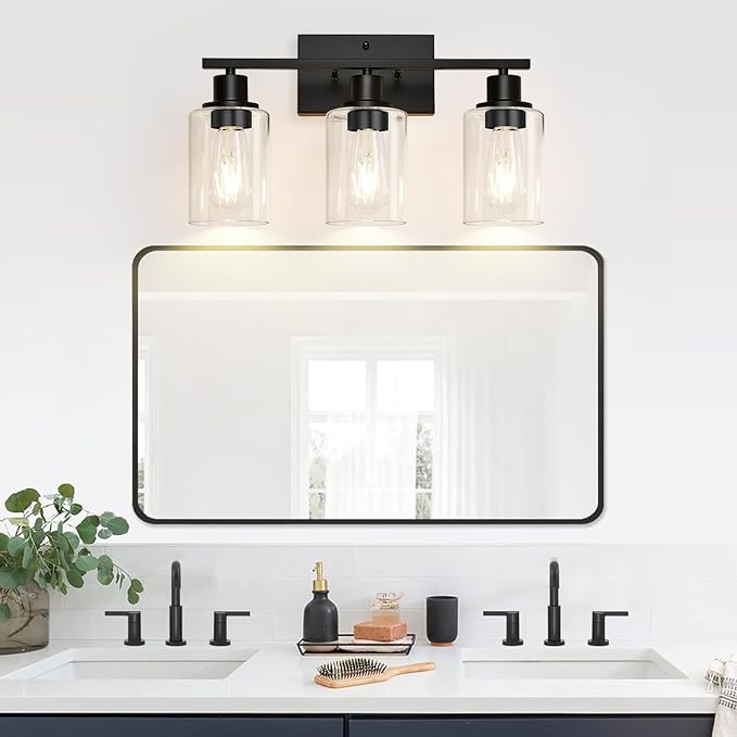 3 Light Bathroom Light Fixtures, Matte Black Modern Vanity Lights with Clear Glass Shade, Bathroom Wall Lamp for Mirror Kitchen Living Room Hallway Cabinet Porch-CasaMuseHome