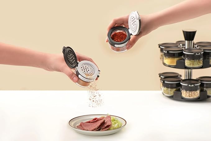 360 rotating 2 tier jars spice rack (6 small 6 large spice jars) Revolving Seasoning Organizer. Spinning Spice Rack for Counter top and Cabinet WITH Custom Label Stickers.-CasaMuseHome