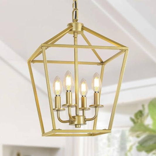 4 Light Gold Chandelier, Industrial Ceiling Light Lantern Light Fixtures with Farmhouse Metal Cage Adjustable Height Rustic Geometric Hanging Light E12 Base for Kitchen Island, Entryway, Indoor-CasaMuseHome