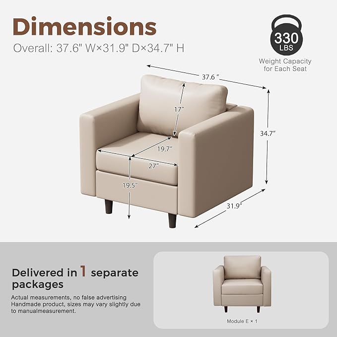 ABCASA Faux Leather Single Sofa, Modern Accent Chair Whitesand with Storage Deep Seat Large Reading Armchair for Living Room Bedroom Office-CasaMuseHome