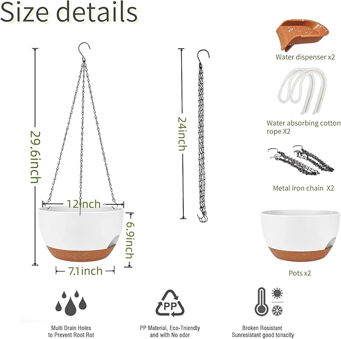 2 Pack Hanging Planters for Indoor Outdoor Plants, 12 Inch Self Watering Hanging Pot with Drainage Holes and Saucer, Plastic Plant Pots, White Brown Flower Pots for Kitchen, Balcony, Garden-CasaMuseHome