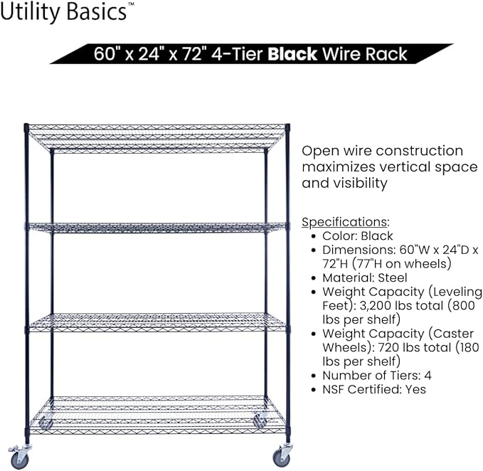 60"x24"x72" Premium Metal Steel 4-Tier Wire Shelving NSF 3200 LBS MAX Capacity Heavy Duty Storage Rack for Hospitals, Schools, Commercial Spaces, and Garages w/Premium Wheels-CasaMuseHome