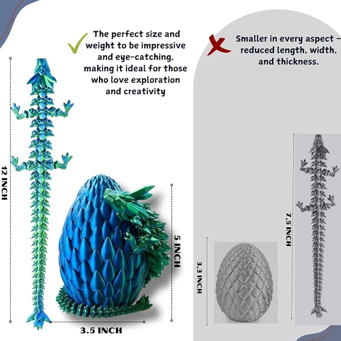3PCS 3D Printed 12” Articulated Crystal Dragon Inside 5.1” Egg – Fantasy Collectible, Fidget Toy & Stocking Easter Basket Stuffers for Home & Office Decor (3PCS-Egg)-CasaMuseHome