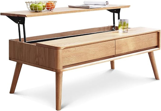 100% Solid Wood Lift Top Coffee Table for Living Room, Mid Century Modern Tables with Drawers and Large Storage, Oak Coffee Tables for Small Spaces (Oak Wood Log, 47.24" W x 23.62" D x 25.59" H)-CasaMuseHome