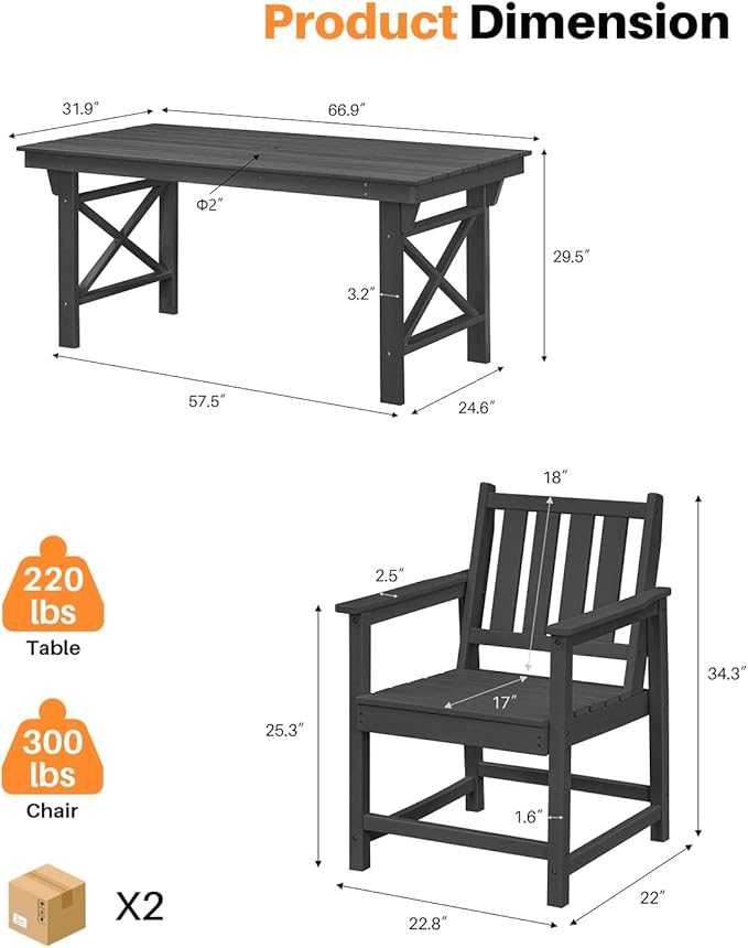 7 Pieces HDPE Outdoor Dining Set, Patio Dining Set with Umbrella Hole, All Weather Outdoor Dining Table Sets for 6, HDPE Patio Furniture Sets for Deck, Backyard, Lawn, and Poolside, Obsidian-CasaMuseHome
