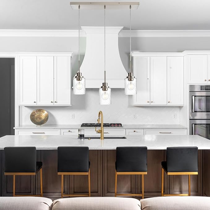 3-Light Farmhouse Chandelier Light Fixture Brushed Nickel Clear Seeded Glass Dining Room Hanging Modern Pendant Lighting Over Table,Traditional Ceiling Lights for Kitchen Island Entryway-CasaMuseHome