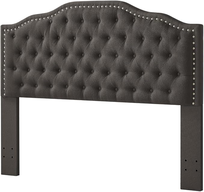 24KF Upholstered Button Tufted Queen Headboard with Nailhead Trim, Elegant Boucle Fabric Full headboard, 6031-Q-Boucle-Dark Gray-CasaMuseHome