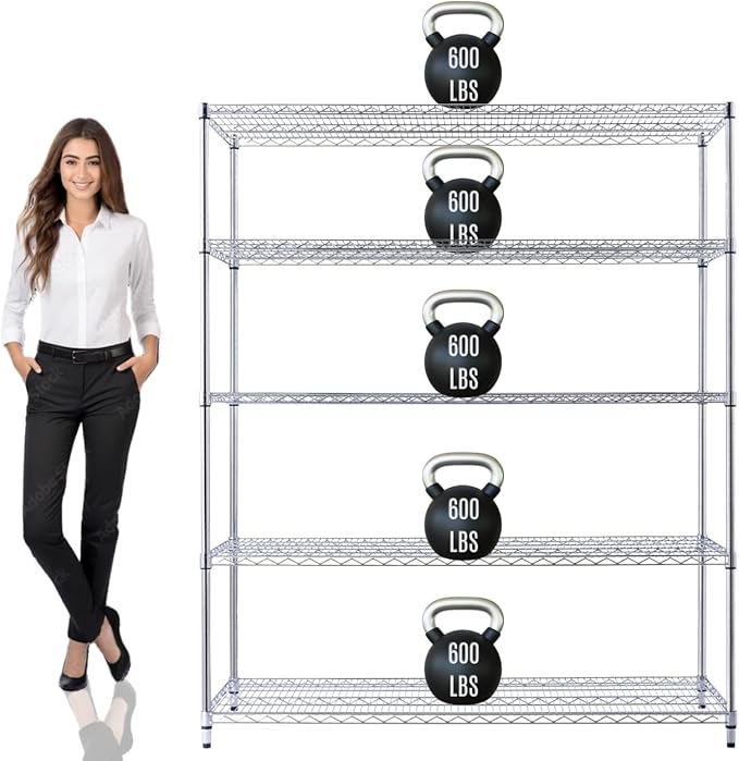 60"x24"x72" PRIME HEAVY DUTY Chrome 5-Tier Wire Shelving NSF 3000 LBS MAX Capacity Storage Rack for Commercial, School, Home, Garage, Warehouse, Industrial, and Hospital Uses (with Wheels)-CasaMuseHome