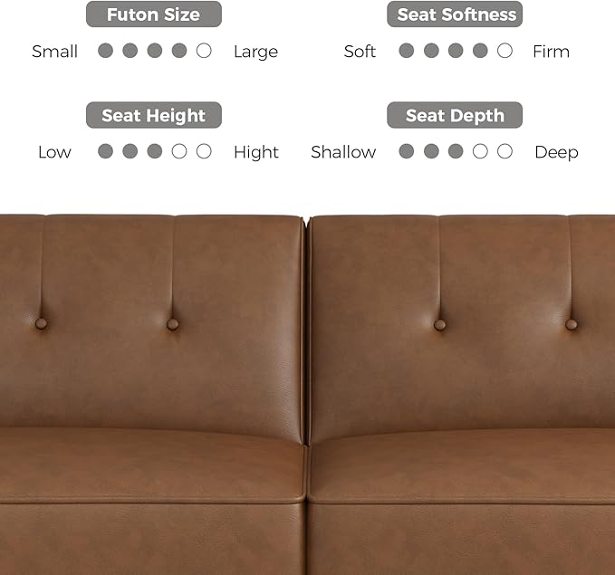 89” Futon Sofa Bed, Faux Leather Futon Couch Bed with 2 Square Pillows, Convertible Sleeper Sofa with Adjustable Backrest& Armrests, Modern Loveseat Sleeper for Living Room, Bedroom, Brown-CasaMuseHome