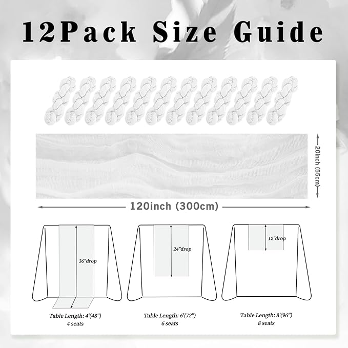 10FT 12 Pack White Cheesecloth Table Runner 20 x 120 Inch Long Rustic Gauze Cheese Cloth Table Runner for Wedding Bridal Baby Shower Table Decorations Boho Fabric Sheer Birthday Party Table Decor-CasaMuseHome