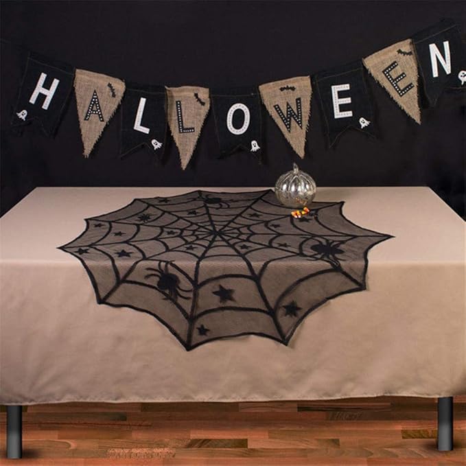 40 Inch Round Spider Web Lace Table Topper Black Halloween Spider Web Tablecloth Party Decoration-CasaMuseHome