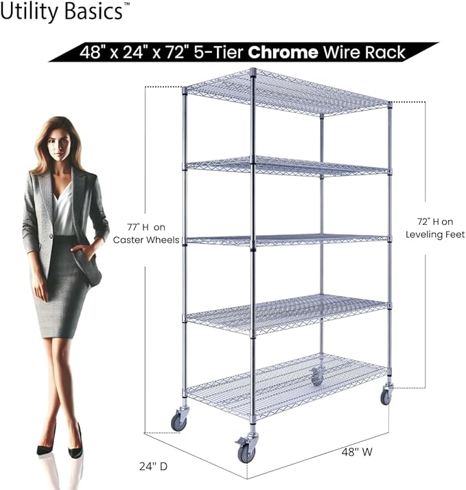 48"x24"x72" Chrome 5-Tier PREMIUM Wire Shelving NSF 4000 LBS MAX CAPACITY Heavy Duty Steel Storage Rack for Warehouses, Garages, Hospitals, Commercial Spaces, & Schools w/PREMIUM WHEELS-CasaMuseHome