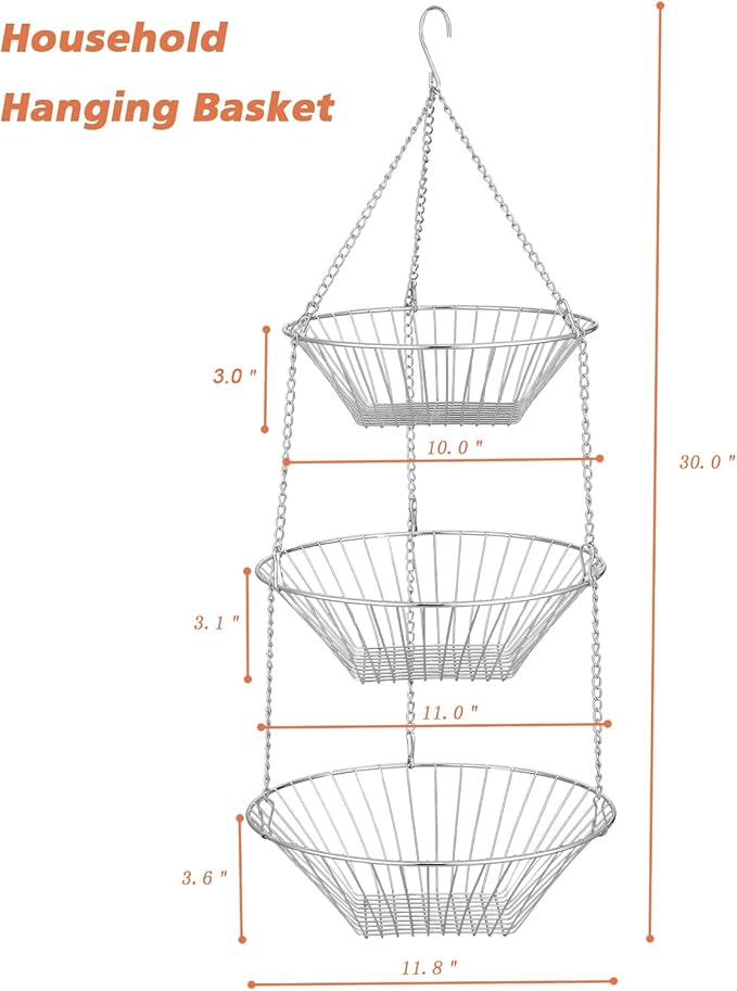 3-Tier Wire Fruit Hanging Basket 2 Packs, non-Punching Wall Hanging Storage, Kitchen Bathroom Organization Basket, Suitable for Bathroom, Kitchen, Closet, Garden, Chrome-CasaMuseHome