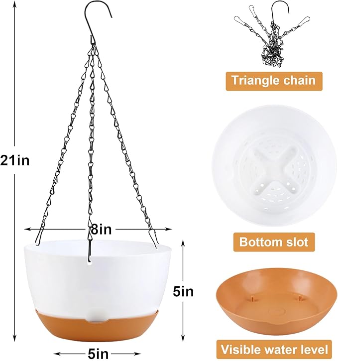 4 Pack Hanging Planter for Plants Indoor,8 Inch Plant Pot Outdoor Plastic Hanging Baskets with Drainage Holes and Chain for Garden Porch Plants(White+Black+Green+Beige)-CasaMuseHome