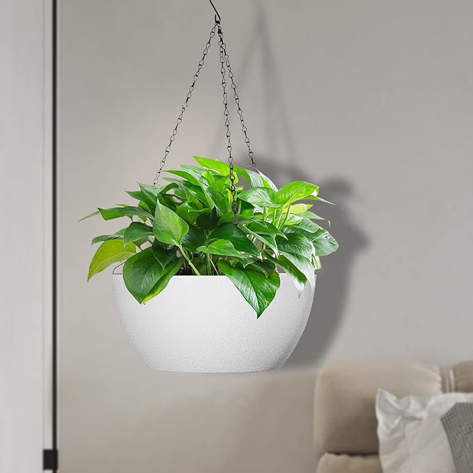 13 inch Large Hanging Planters Plant Pots for Outdoor Indoor Plants with Drainage Holes and Chain, 2 Pack Round Hanging Flower Pots for Garden Home Porch Decor, White-CasaMuseHome