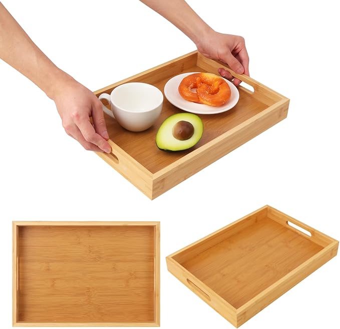 3 Pack Large Bamboo Serving Tray with Handles, 14 x 10 inch Wooden Dinner Tray, Home Kitchen Breakfast Trays for Living Room Bedroom Kitchen Dinner Table, Picnic-CasaMuseHome