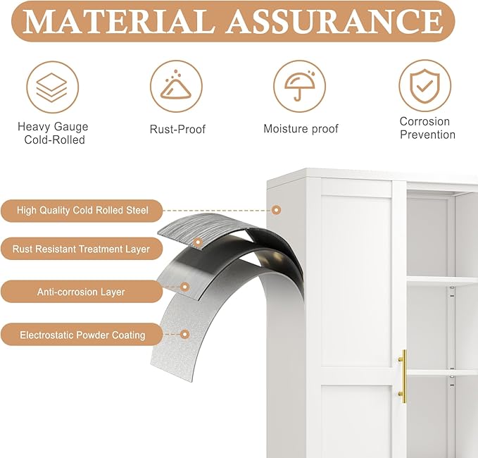 51" H Metal Kitchen Pantry Storage Cabinet, Freestanding Cupboard Storage Cabinet with Doors and Adjustable Shelves, Large Stand Up Food Cupboard for Living Room, Dinning Room, White-CasaMuseHome