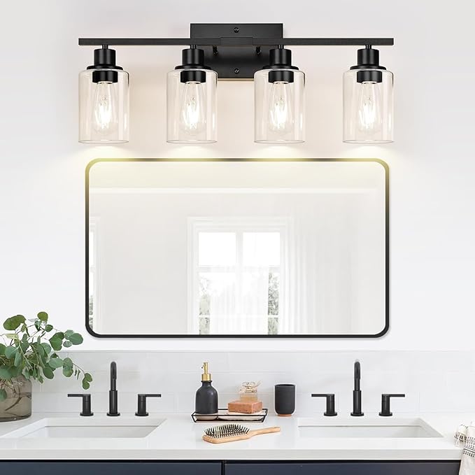 4-Light Bathroom Light Fixtures, Matte Black Modern Vanity Lights with Clear Glass Shades, Bathroom Wall Lamp for Mirror Living Room Cabinet Bedroom Porch-CasaMuseHome