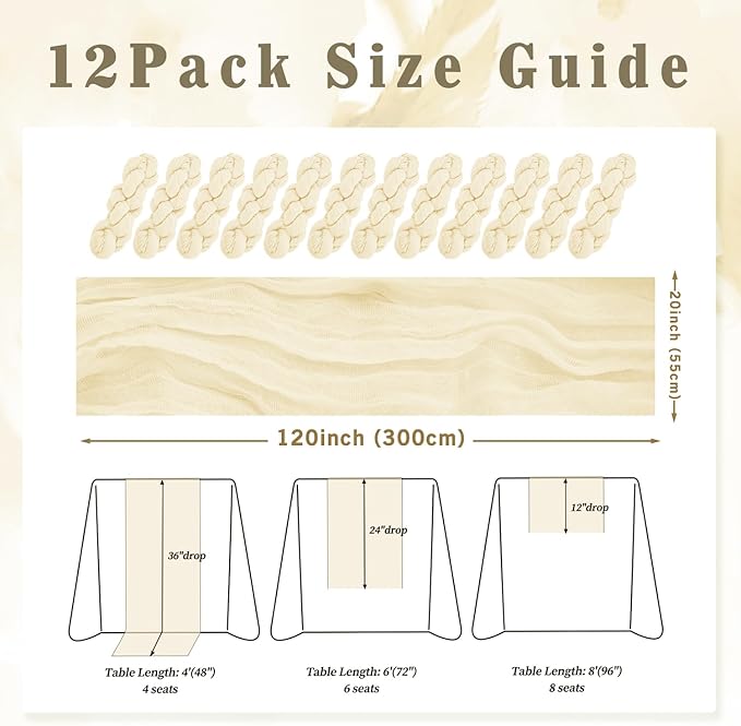 10FT 12 Pack Beige Cheesecloth Table Runner 20 x 120 Inch Long Rustic Gauze Fabric Cheese Cloth Table Runner for Wedding Bridal Baby Shower Table Decorations Boho Sheer Birthday Party Table Decor-CasaMuseHome