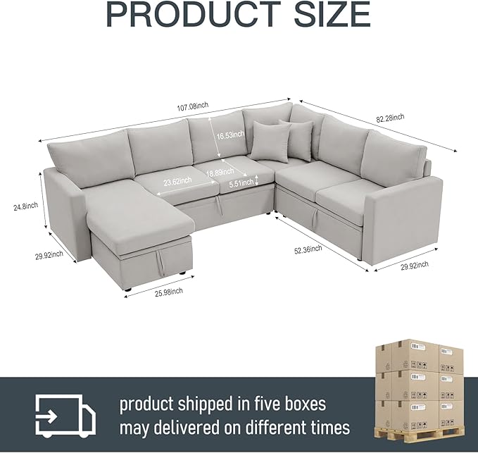 7 - Seater Sofa Bed, Large U - Shaped Modular Sectional Sofa, Oversized Pull - Out Sleeper with Storage for Living Room, Light Grey-CasaMuseHome