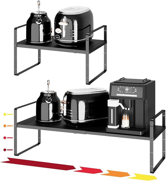 16.5~27.1" Expandable Shelf Organizer, 1Pack 10.2" Wide Stackable Cabinet Shelf Organizers, Black Metal Sturdy Kitchen Counter Storage for Countertop, Adjustable Height Spice Rack-CasaMuseHome