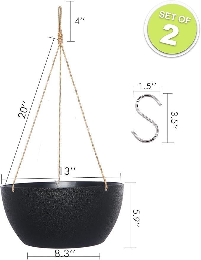 13 Inch 2 Pack Large Hanging Planters for Indoor Outdoor Plants, Plastic Hanging Basket Pots for House Plants Flowers, Black-CasaMuseHome