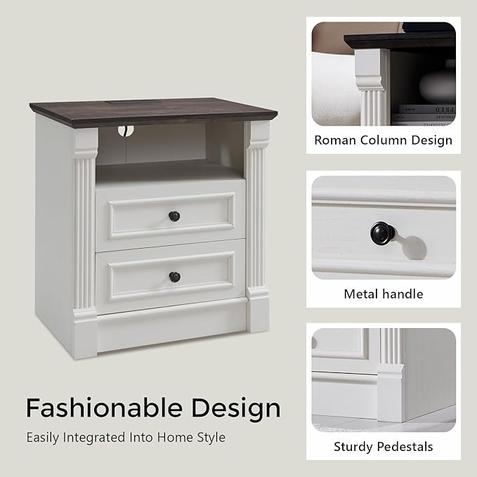 26" Tall Farmhouse Nightstand, 2 Drawers End Table w/Charging Station, 23.6" Wide Large Side Table w/Roman Column, Wood Rustic Sofa Table w/Open Shelf, Bedside Table for Bedroom, White-CasaMuseHome