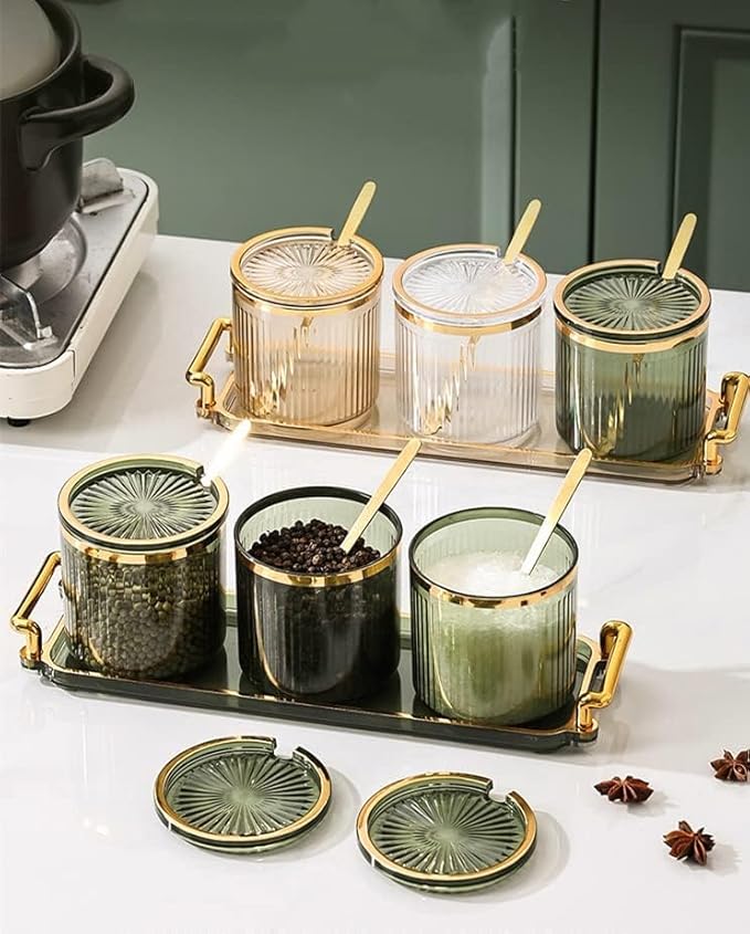 Acrylic Condiment Spice Jars,Condiment Spice Box With Lids and Spoons and Tray,Clear Plastic Condiment Canisters,Seasoning Box 3 Pack,Seasoning Box Set for Kitchen to Storage Salt,Paprika,Sugar-CasaMuseHome