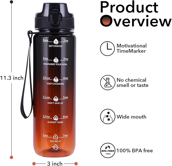 32oz Motivational Water Bottles with Time Marker & Fruit Strainer, Transparent Gradient Color Water Bottle with Times to Drink, Leakproof & BPA Free, Reusable Bottle with Strap (No Straw)-CasaMuseHome