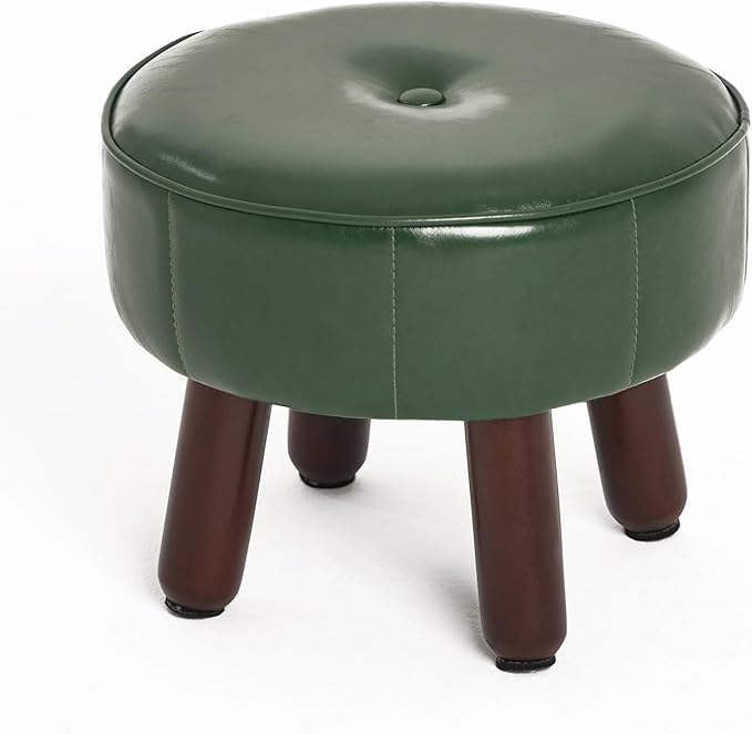13in Small Foot Stool Ottoman, Round Faux Leather Foot Rest for Couch, Under Desk Pouf Footstool Footrest with Non-Skid Rubber Legs for Ling Room, Bedroom, 13''L x 13''W x 10.2''H, Green-CasaMuseHome