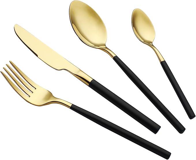 24 Piece Silverware Set For 6 Gold & Matte Black Handle Heavy duty 18/10 Stainless Steel Flatware Set Modern Design Knife/Fork/Spoon Mirror Polished Dishwasher Safe Cutlery Set with Gifts-CasaMuseHome