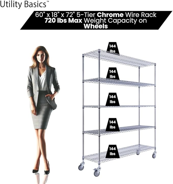 60"x18"x72" Chrome 5-Tier PREMIUM Wire Shelving NSF 4000 LBS MAX CAPACITY Heavy Duty Steel Storage Rack for Warehouses, Garages, Hospitals, Commercial Spaces, & Schools w/PREMIUM WHEELS-CasaMuseHome