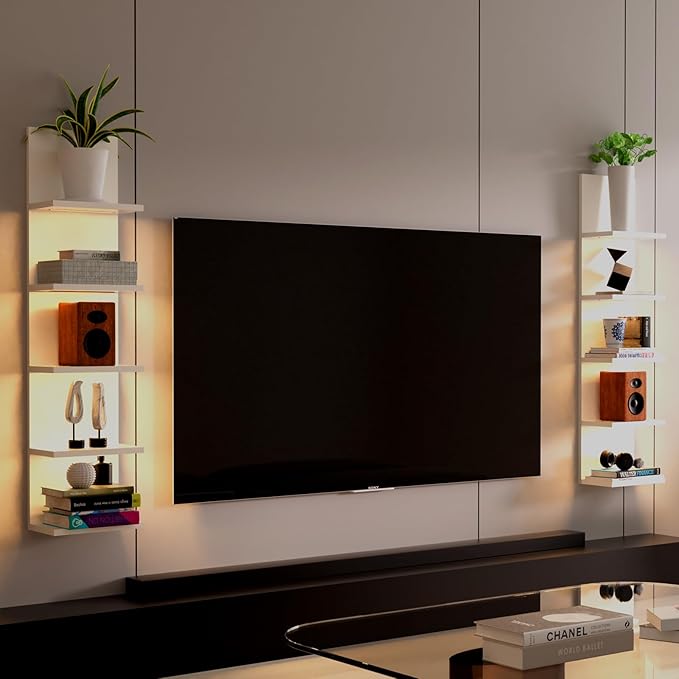 5 Tier Wall Shelf with Light, White Modern Vertical Lack Wall Shelves, Wall Mount, Floating Column Home Decor Shelves for Bedroom, Living Room, Vanity Storage Display-CasaMuseHome