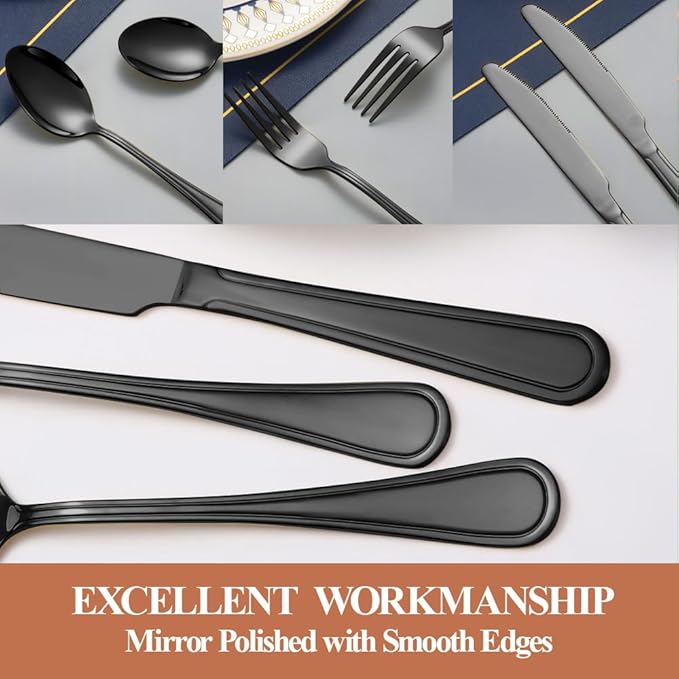 40 Pcs Black Silverware Set for 8 with Simple Striped Handle Design, Food Grade Stainless Steel Flatware Set, Eating Utensils Sets Include Fork/Knife/Spoon, Cutlery Set, Dishwasher Safe-CasaMuseHome