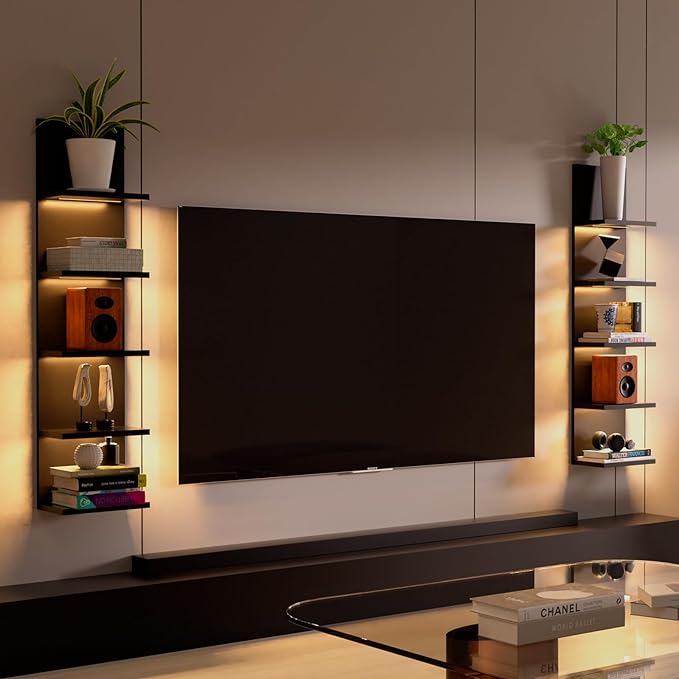 5 Tier Wall Shelf Unit, Black Modern Vertical Lack Wall Shelves with Light, Wall Mount, Floating Column Home Decor Shelves for Bedroom, Living Room, Vanity Storage Display-CasaMuseHome