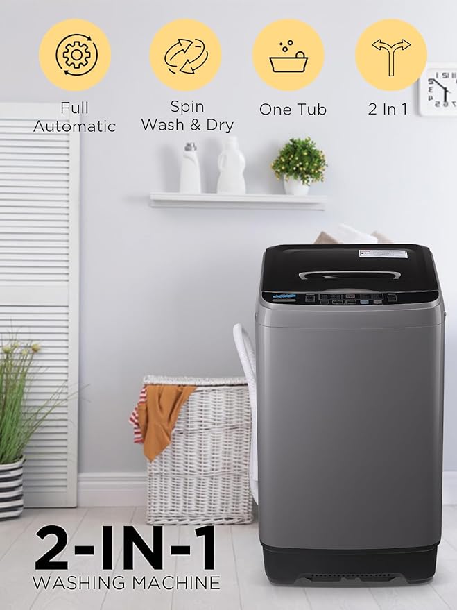 17.7 lbs Full-Automatic Washing Machine with LED Display, Portable Compact Laundry Washer with Drain Pump, 10 Wash Programs 8 Water Levels, Grey-CasaMuseHome