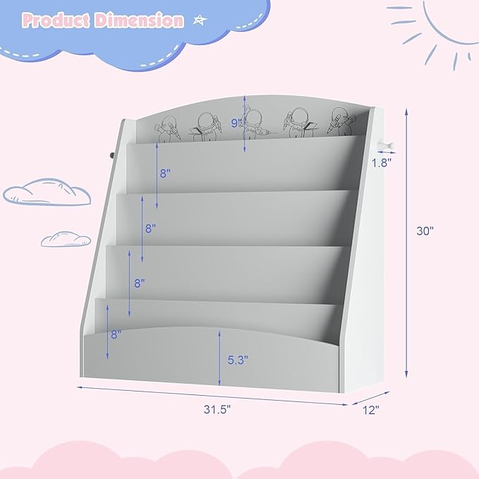 5-Tier Kids Bookshelf Montessori Toddler Book Rack Baby Bookcase Floor Front Facing Magazine Display Shelf for Bedroom Playroom Nursery Classroom Kindergarten Wood (Gray)-CasaMuseHome