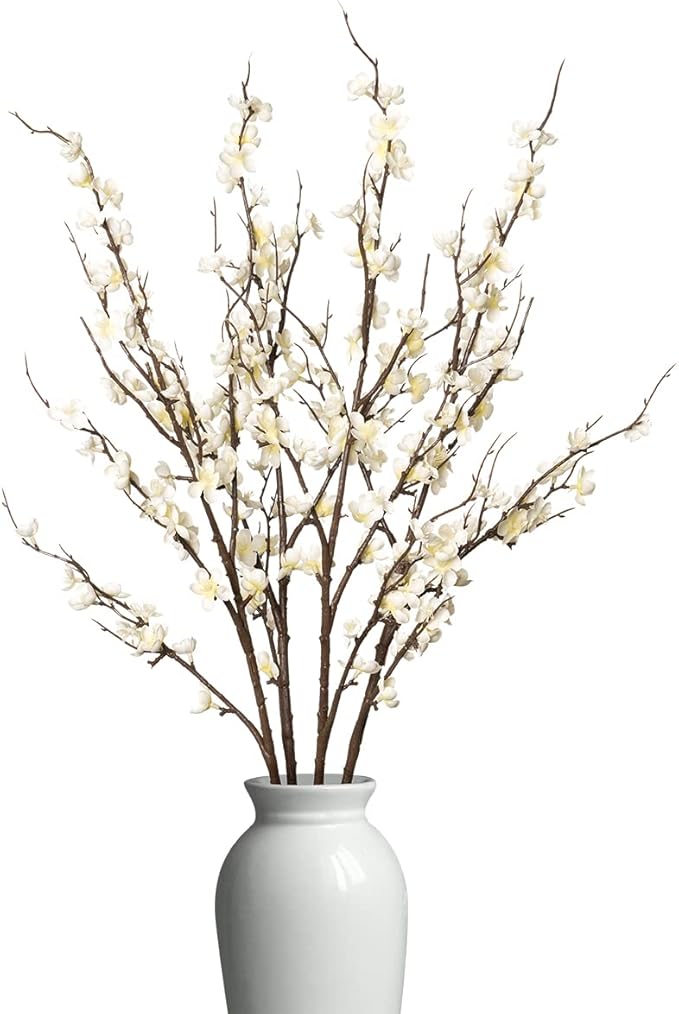 4Pcs Cherry Blossom Branches Artificial Flowers for Spring Summer Indoor Decoration,Faux Long Stem Artificial Flowers for Wedding Home Office Bedroom Party Table Centerpieces Decor(White)-CasaMuseHome