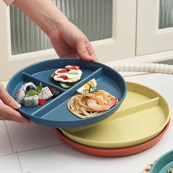 9" Unbreakable Divided Plates Set of 5, Wheat Straw Plate Reusable Dinnerware Portion Control Plate, Round Bariatric Plastic Plate for Kids Adults, BPA-free, Dishwasher Safe-CasaMuseHome