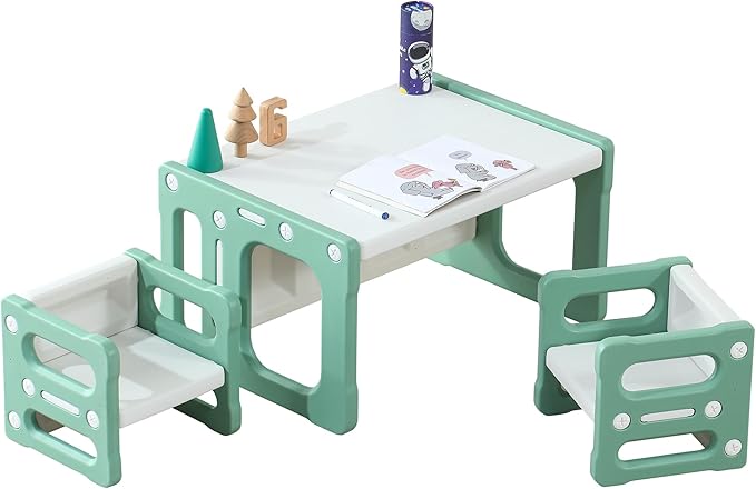 3 in 1 Montessori Weaning Table and 2 Chairs Set, Kids Activity Table Set, 2 Height Levels, Toddlers Activity Table for Drawing, Dining, Reading and Playing, Green-CasaMuseHome