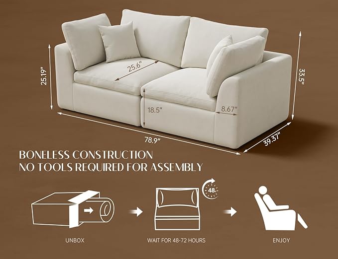 78.9" Loveseat Sofa, Cloud Boneless Couches for Living Room, Modern Modular Sectional Sofa, Oversized, Warm White-CasaMuseHome