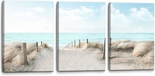 3 Piece Large Canvas Bedroom Wall Art Beach Blue Sea Blue Sky Print Picture Framed Wall Decor for Living Room Bathroom Modern Home Decor Artwork Ready to Hang Coastal Wall Decorations Size 16x24x3-CasaMuseHome