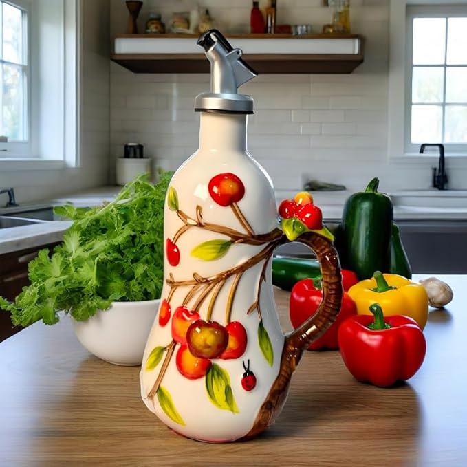 18.26oz/540ml Ceramics Olive Oil Dispenser Bottle,Hand Painted Reliefs Oil Dispenser for Kitchen,Oil Bottles for Kitchen (Cherry)-CasaMuseHome