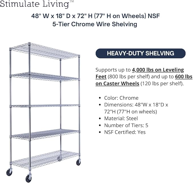 48"x18"x72" PRIME HEAVY DUTY Chrome 5-Tier Wire Shelving NSF 4000 LBS MAX Capacity Storage Rack for Commercial, School, Home, Garage, Warehouse, Industrial, and Hospital Uses (with Wheels)-CasaMuseHome