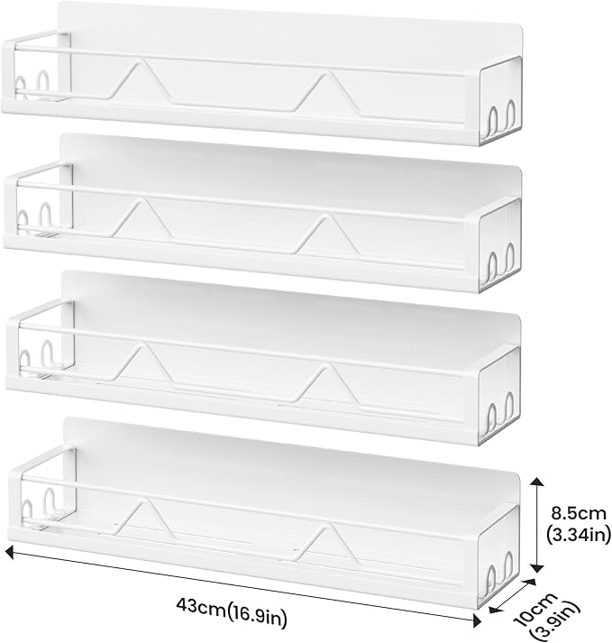 16.9 Inch Wide Large Capacity Magnetic Spice Rack for Refrigerator, 4 Pack Metal Fridge Shelf, White-CasaMuseHome