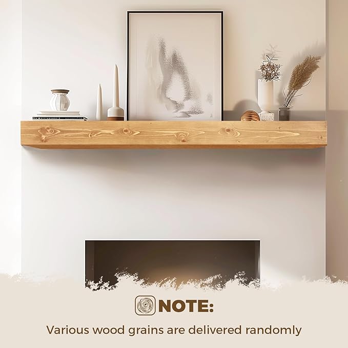 60x8x5 Fireplace Mantel - Handcrafted Rustic Solid Wood Wall Mounted Floating Shelf with Invisible Heavy Duty Wood Bracket (Natural)-CasaMuseHome