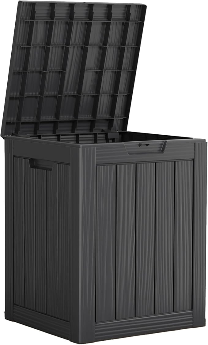 28 Gallon Outdoor Storage Box, Waterproof Durable Resin Deck Box for Indoor & Outdoor Use, Lockable Outdoor Bench, Deck Bin for Patio Furniture, Deliveries, Pool Supplies, Black-CasaMuseHome