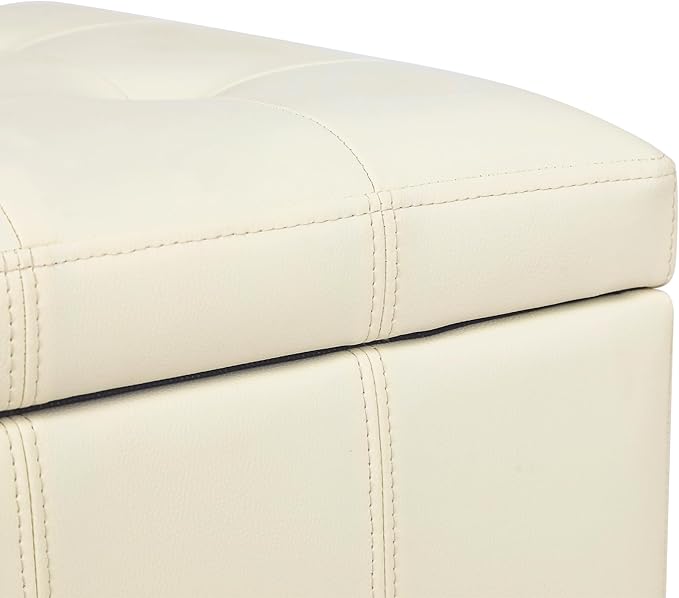 Adeco Faux Leather Storage Ottoman with Hinged Lid, 17.5 Inch High Cream White Square Cube Foot Stool with Storage, Upholstered Vanity Stool with Solid Wood Legs for Living Room, Bedroom, Dorm-CasaMuseHome