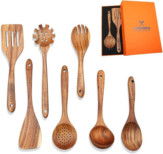 7-Piece Wooden Cooking Utensil Set - Teak Spatula and Spoons for Kitchen-CasaMuseHome
