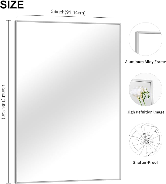 36x55 inch Bathroom Mirror, Silver Rectangle Mirror with Thin Metal Frame, Large Rectangular Wall Mirrors for Bathroom, Living Room, Big Mirror Hang Horizontal/Vertical-CasaMuseHome